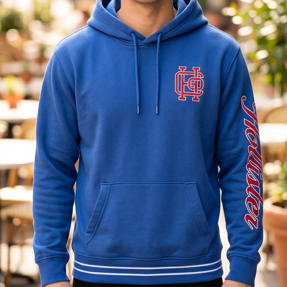 Hollister Mens Pullover Hoodie Royal Blue‎ Varsity HC Logo Script Sleeve Medium
